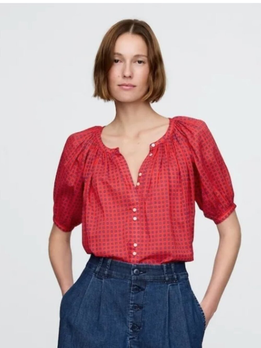 GAP Women's Red Patterned Button-Front Puff Sleeve Blouse